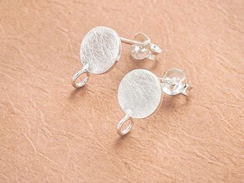 1 pair of 925 Sterling Silver Brushed Circle Disc Stud Earrings Post Findings 8mm. with Opened Loop.